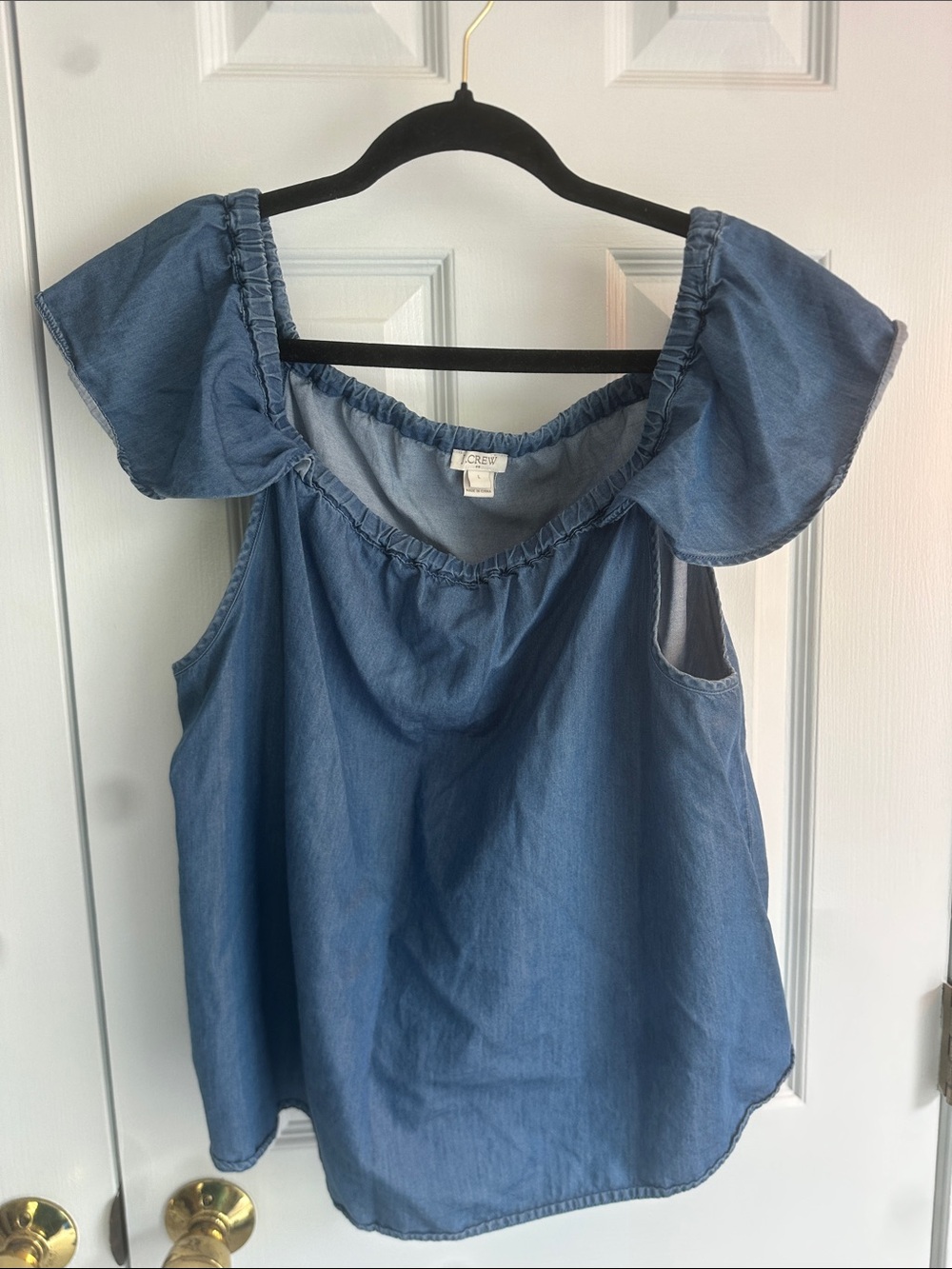 J. Crew Blue Denim Off-Shoulder Ruffle Camisole